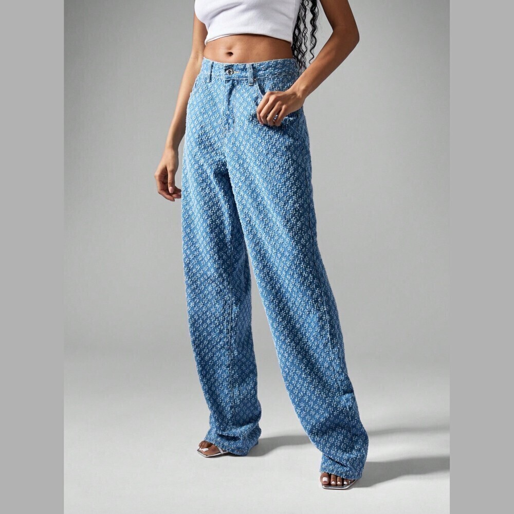 Blue Textured Denim Wide Leg Jeans - Extra Long
